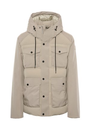 Giacca beige con cappuccio, corpo trapuntato, due tasche sul petto e coulisse regolabili. Presenta bottoni neri a contrasto e dettagli in metallo.