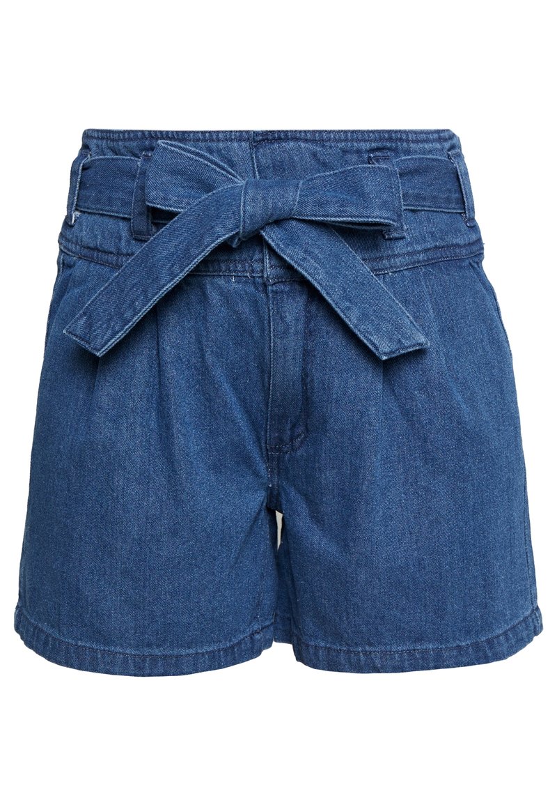 Denim shorts korkealla vyötäröllä, joissa on kangasnauha, etupleaatit ja klassinen sininen pesu, jossa on kontrastiväriset saumat.