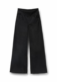Pantalones de mezclilla negros de pierna ancha con una cinturilla elástica, que cuentan con dos bolsillos frontales y una textura suave en toda su superficie.