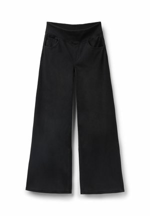 Pantalones de mezclilla negros de pierna ancha con una cinturilla elástica, que cuentan con dos bolsillos frontales y una textura suave en toda su superficie.