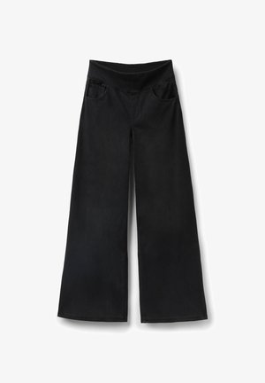 Szerokie czarne dżinsy z elastycznym pasem, z dwoma przednimi kieszeniami i gładką fakturą na całej powierzchni.