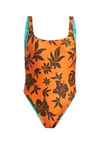 Enstaka baddräkt med en orange bas, prydd med svarta blommönster. Utsmyckad med turkosa band och har en mjuk textur.