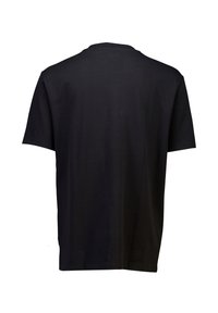 T-shirt in cotone nero con collo rotondo e maniche corte, dalla texture liscia e dal design semplice, vista da dietro.