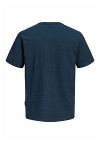 Μπλούζα κοντομάνικη σε ναυτικό μπλε με στρογγυλή λαιμόκοψη, εμφανιζόμενη από πίσω, μονόχρωμο σχέδιο με διακριτή οριζόντια υφή.