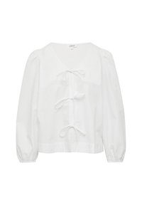 Weiße Bluse aus leichtem Stoff, mit V-Ausschnitt, mittigen Bindebändern, Puffärmeln und einem gerafften Saum. Einfaches und klares Design.