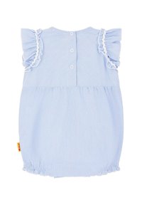 Abito a righe blu chiaro e bianche con maniche a volant, chiusura con bottoni sul retro e orlo elasticizzato. Tessuto morbido con un design arricciato.