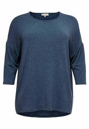 Loszittend donkerblauw shirt met lange mouwen, een ronde hals en verlaagde schouders, weergegeven op een witte achtergrond.