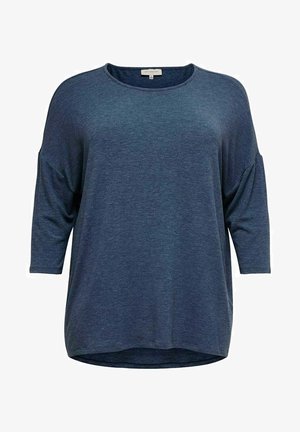 Loszittend donkerblauw shirt met lange mouwen, een ronde hals en verlaagde schouders, weergegeven op een witte achtergrond.