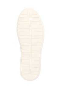 Weiße Gummisohle mit strukturierten Oberflächen, versehen mit horizontalen und vertikalen Rillen sowie einem abgerundeten Zehenbereich. Größe 37.