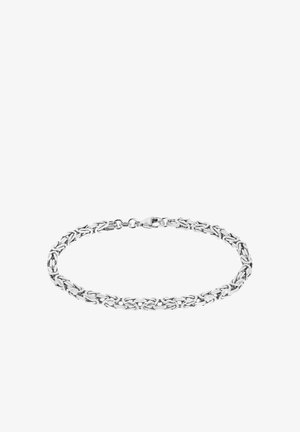 Silberne Kettenarmband mit verwobenen Gliedern, einem polierten Finish und einem sicheren Verschluss, der ein elegantes und einheitliches Design schafft.