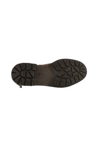 Suola di stivale in pelle marrone con un modello di battistrada pronunciato. Presenta un design robusto con scanalature profonde per aderenza e trazione.