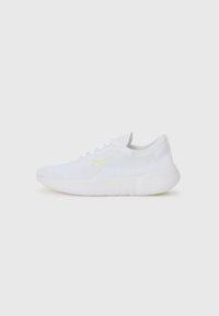 White nylon athletic shoe with a textured upper, rounded toe, and thin laces. Features a yellow-green accent on the side and a cushioned sole.
