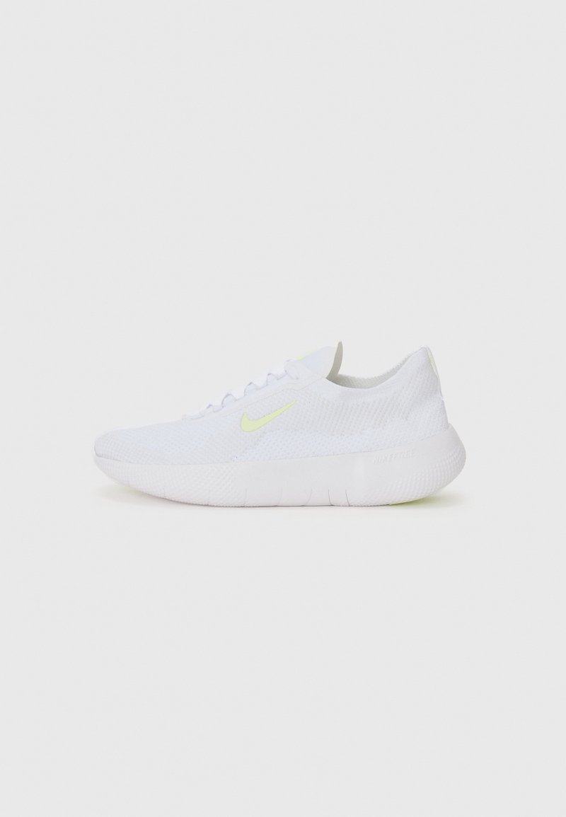 White nylon athletic shoe with a textured upper, rounded toe, and thin laces. Features a yellow-green accent on the side and a cushioned sole.