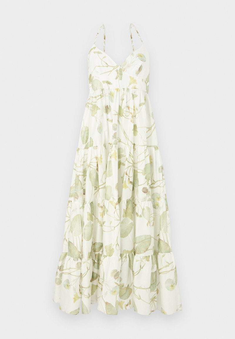 Vestido maxi de tela ligera con un estampado floral en tonos verdes y amarillos, con escote en forma de V y un dobladillo con volantes en capas.