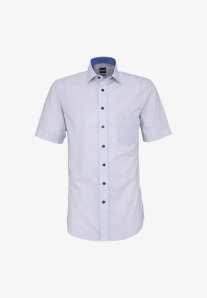 Herren-Hemd mit kurzen Ärmeln, navyblauem geometrischem Muster, blauem Innenkragen und linker Brusttasche.