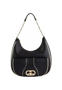 Borsa a tracolla in pelle nera con tracolla in catena dorata, tasca frontale, piping bianco e chiusura dorata con un design decorativo.
