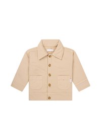 Beige Jacke mit Kragen, Knopfverschluss vorne und zwei Fronttaschen. Hergestellt aus Baumwolle, mit einem strukturierten Stoffdesign.