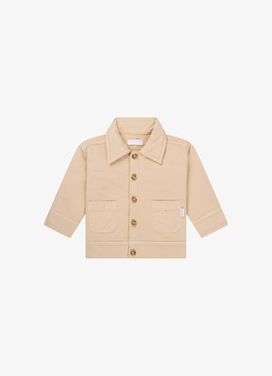 Beige jas met een gekraagde halslijn, knoopsluiting aan de voorkant en twee voorzakken. Gemaakt van katoen, met een gestructureerd stoffen ontwerp.