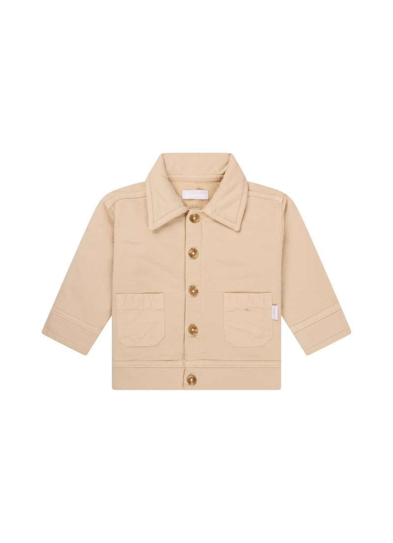 Beige Jacke mit Kragen, Knopfverschluss vorne und zwei Fronttaschen. Hergestellt aus Baumwolle, mit einem strukturierten Stoffdesign.