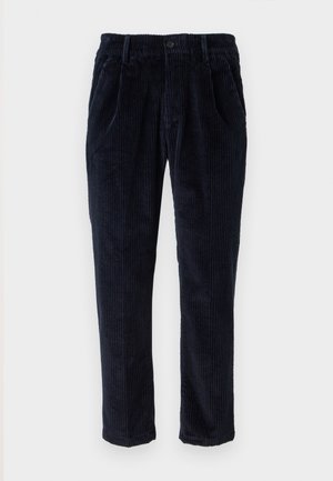 Navy blue corduroy pants with button and zip closure, side pockets, and straight-leg fit against a white background.
