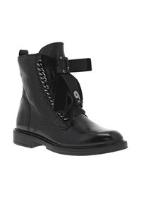 Bottines en cuir noir avec un bout rond, lacets à l'avant, large ruban en tissu et détail de boucle décorative. Talon bas et solide.