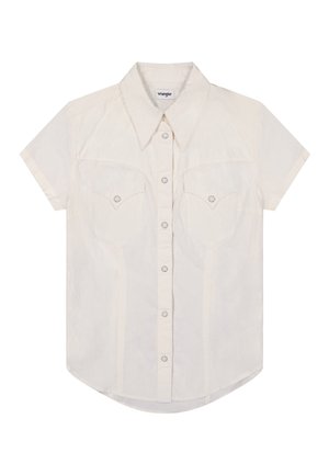 Lyhythihainen kermaan vivahtava lännen tyyliin suunniteltu paita, jossa on terävä kaulus, etuosassa nappikiinnitys ja kaksi rintataskua läpällisillä ja napeilla.