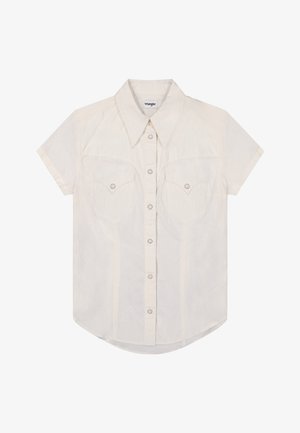 Lyhythihainen kermaan vivahtava lännen tyyliin suunniteltu paita, jossa on terävä kaulus, etuosassa nappikiinnitys ja kaksi rintataskua läpällisillä ja napeilla.