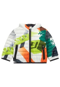 Giacca puffer trapuntata con un design multicolore, con dettagli in verde, arancione e grigio. Include un cappuccio e tasche frontali con zip.