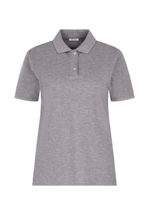 Gray polo shirt with short sleeves, classic collar, three-button placket, and a soft, textured fabric. Simple and clean design.