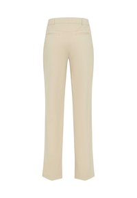 Beige straight-leg trousers with belt loops, two back welt pockets, shown from the rear on a white background.