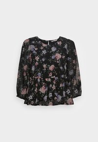 Schwarze Bluse mit langen Puffärmeln, die eine Peplum-Taille und eine Mischung aus rosa und lila Blumen auf einem durchsichtigen Stoff aufweist.
