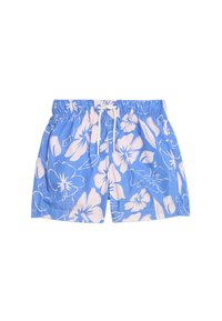 Ljusblå simshorts med ett vitt blommönster, elastisk midja och snörning. Tillverkade av polyester, med en avslappnad design och över knä-längd.
