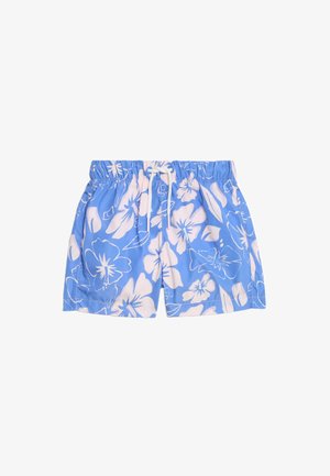 Shorts de bain bleu clair avec un motif floral blanc, taille élastique et cordon de serrage. Matière polyester, design décontracté, longueur au-dessus du genou.