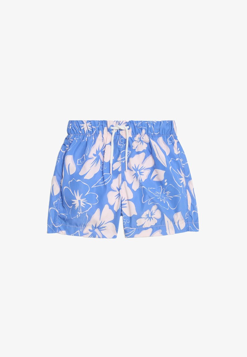 Ljusblå simshorts med ett vitt blommönster, elastisk midja och snörning. Tillverkade av polyester, med en avslappnad design och över knä-längd.