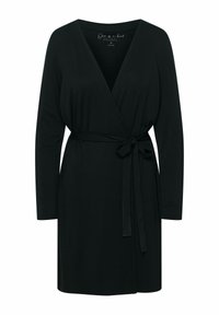 Czarna sukienka wrap wykonana z miękkiego materiału, z długimi rękawami, głębokim dekoltem w kształcie V oraz wiązanym paskiem w talii. Gładka tekstura, długość do kolan.