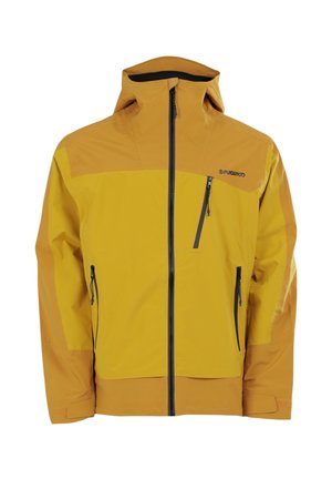Gul udendørsjakke med lynlås foran, justerbar hætte, to sidelommer og en vandret brystlomme; glat, vandafvisende stof.