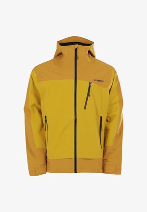 Gul udendørsjakke med lynlås foran, justerbar hætte, to sidelommer og en vandret brystlomme; glat, vandafvisende stof.