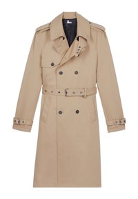 Gabardina beige hecha de tela suave, con un frente de doble botonadura, amplios solapas, cintura ceñida con cinturón y puños abotonados.
