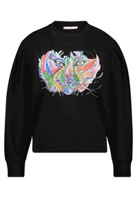 Sweat-shirt noir avec un design abstrait coloré représentant le visage d'un lion, avec des bleus, rouges et verts vifs, et des poignets et un ourlet côtelés.