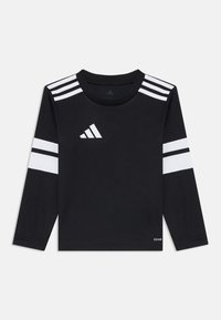 Black long-sleeve shirt made of performance fabric, featuring white stripes on shoulders and sleeves, with a white logo on the chest.