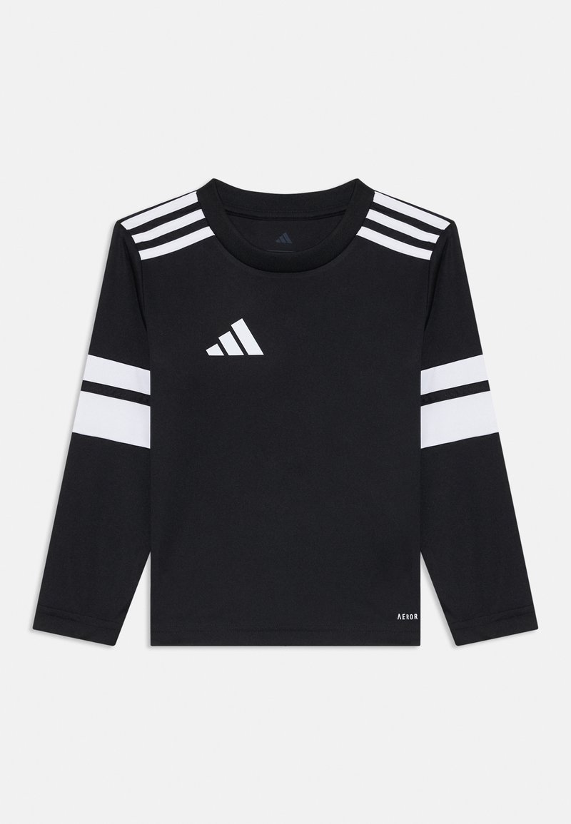 Black long-sleeve shirt made of performance fabric, featuring white stripes on shoulders and sleeves, with a white logo on the chest.