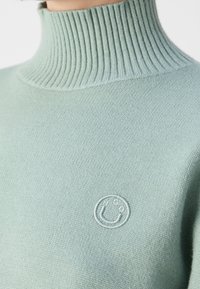 Light green knit turtleneck sweater with ribbed collar and smooth texture; features an embroidered logo in a circular design on the chest.