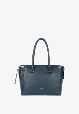 Borsa tote in pelle blu marina con due manici, chiusura a zip e logo color oro sul davanti. Superficie testurizzata con un design minimalista.