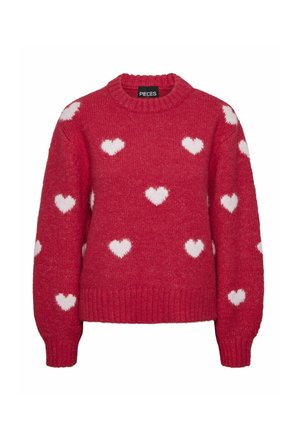 Suéter de punto rojo con patrones de corazones blancos esparcidos por la parte delantera y las mangas, con un cuello redondo y puños y dobladillo acanalados.