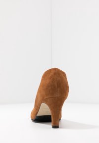 Chaussure à talons hauts en suède marron avec un design effilé, bout arrondi et petit talon noir. Texture douce et forme minimaliste.