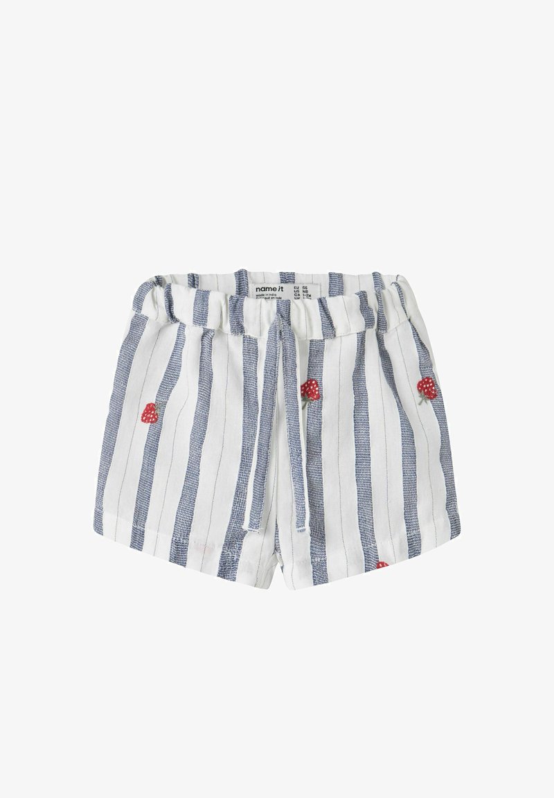 Short pour tout-petit à rayures verticales blanches et bleues avec broderie de champignon rouge et taille élastique avec un lien à l'avant.
