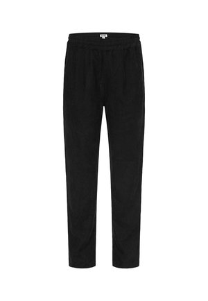 Black corduroy pants with elastic waistband and side pockets, straight leg cut, labeled "Sense" at the back inside of the waistband.