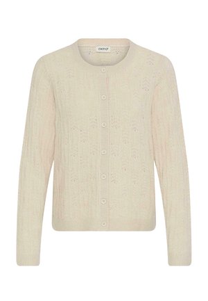 Svetlo bež pleteni kardigan z teksturirano čipkastim vzorcem, okroglim ovratnikom, dolgimi rokavi in zapenjanjem s gumbi spredaj. Rebrasti manšeti in rob.