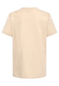 Simpel beige kortærmet bomulds T-shirt vist fra ryggen med rund halsudskæring og simple syninger langs kanterne.