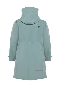 Hellblauer wasserdichter langer Mantel mit Kapuze, verstellbaren Armbändern und einem kleinen schwarzen Logo auf der oberen rechten Rückseite.